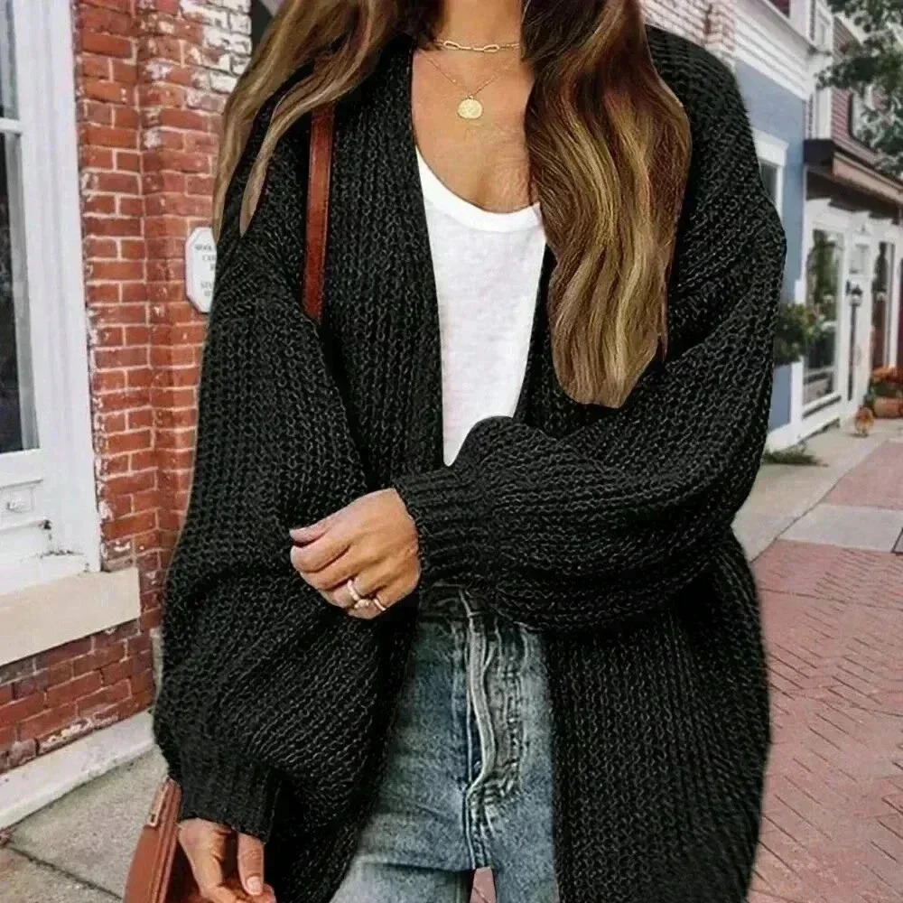 Black Casual Women's Drop Shoulder Open Front Cardigan